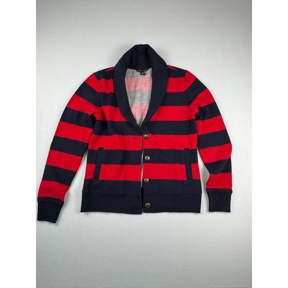Tommy Hilfiger Womens Red Navy Striped Shawl Collar Cardigan Sweater Size M